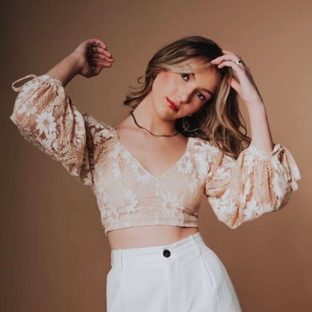 Hyfve Lace Crop Top Beige Floral Open Back Tie Balloon Sleeve Coquette Romantic